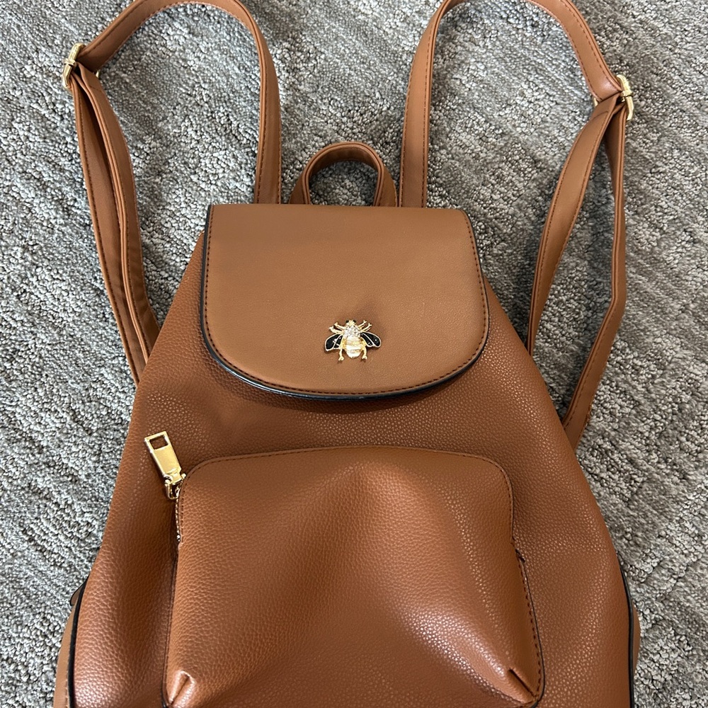 Brown Leather Backpack with Bee Accent